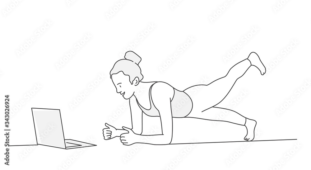 Woman repeating exercises while watching online workout session. Video lesson. Contour drawing vector illustration.