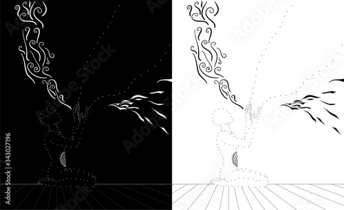 Esoteric and magic illustration of a human in graphics. Soul and body splitting. Figure black pen vector isolated background