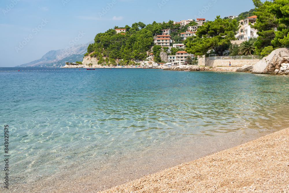 Beautiful empty beach at Adriatic Sea in Makarska Riviera, Croatia
