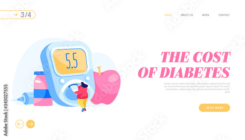 Control Diabetes Sickness Landing Page Template. Tiny Diseased Female Character Insert Sample with Blood into Digital Glucose Meter. Medicine Bottle, Syringe, Healthy Life. Cartoon Vector Illustration