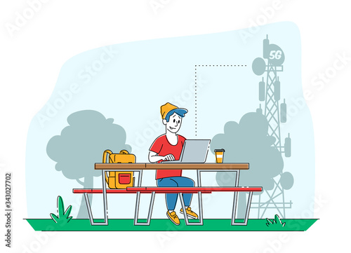 Young Man Character Sitting on Bench with Laptop on Desk at Transmission Telecommunication Tower Communicating Online Using High-speed 5G Internet. Social Media Networking. Linear Vector Illustration