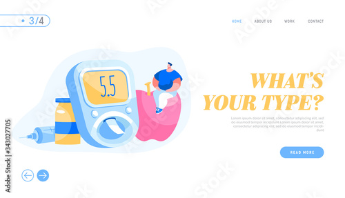 Diabetes Patient Treatment and Lifestyle Landing Page Template. Tiny Male Character Sitting on Huge Apple near Blood Glucose Meter and Drug. Sugar in Blood Controlling. Cartoon Vector Illustration