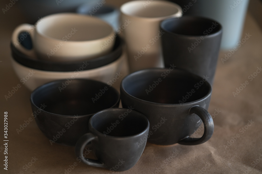 Matt ceramic handmade tableware in a workshop closeup Matt ceramic handmade tableware in a workshop closeup