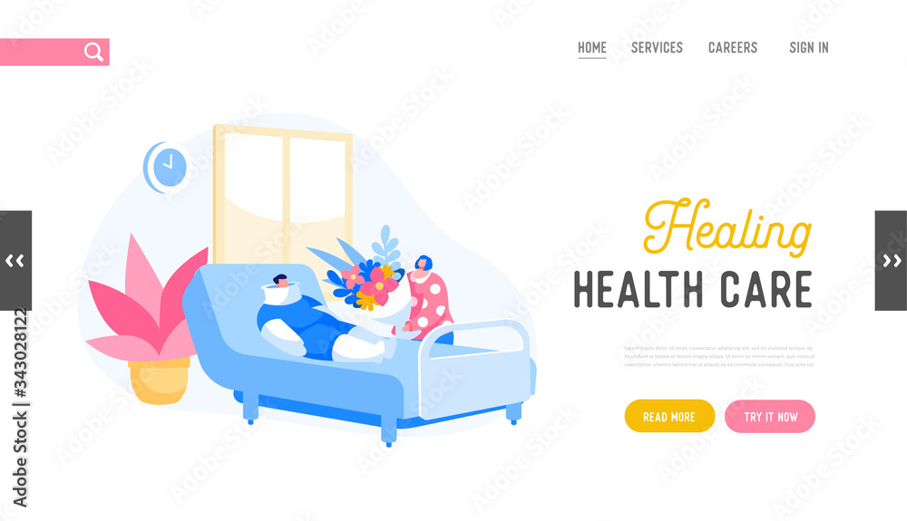 Health Care in Clinic Department Landing Page Template. Bandaged Sick Male Character Lying in Hospital Chamber, Woman with Flowers Bouquet Visiting Disabled Patient. Cartoon People Vector Illustration Health Care in Clinic Department Landing Page Template. Bandaged Sick Male Character Lying in Hospital Chamber, Woman with Flowers Bouquet Visiting Disabled Patient. Cartoon People Vector Illustration