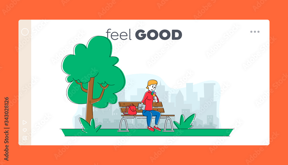 Weekend Recreation, Vacation, Street Food Landing Page Template. Female Character Summer Time Outdoor Activity. Happy Woman Sitting on Bench in City Park Eating Ice Cream. Linear Vector Illustration