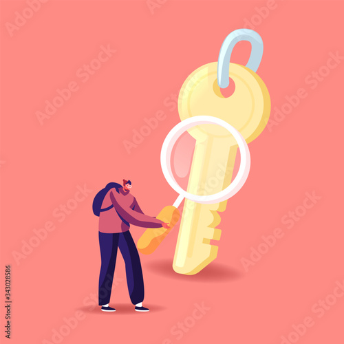 Tiny Male Character with Rucksack on Back Look on Huge Key through Magnifying Glass Solving Escape Room Enigma Quest Game, Task Solution, Research Correct Way in Conundrum. Cartoon Vector Illustration