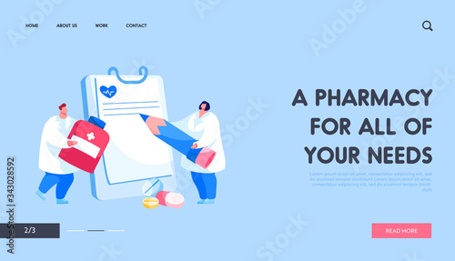 Pharmacy, Health Care Landing Page Template. Doctor Character Carry Huge Medicine Pill for Illness Prevention, Pharmasist Write Recipe for Remedy. Disease Treatment. Cartoon People Vector Illustration