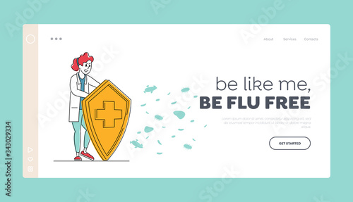 Medical Vaccination Landing Page Template. Female Doctor Character Hold Shield. Vaccine Protecting from Microbes. Drug for Treating Viruses Illness, Health Immunization. Linear Vector Illustration