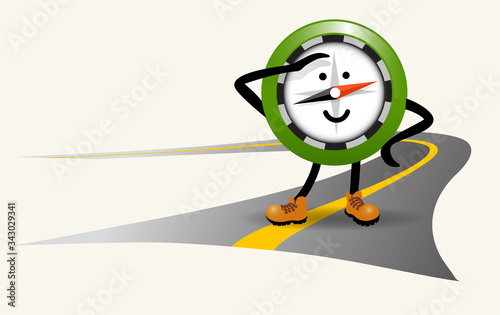Cute navigational compass character standing on a road in hiking boots. For travel, adventure, hiking mascot logo. Vector illustration.