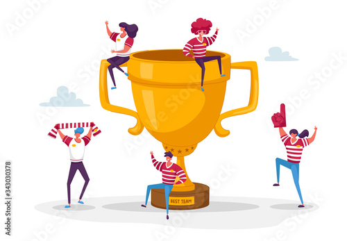 Happy Sports Team Celebrate Victory and Success. Tiny Male Female Characters with Funny Attribution and Sport Uniform Sitting and Jumping around of Huge Golden Cup. Cartoon People Vector Illustration