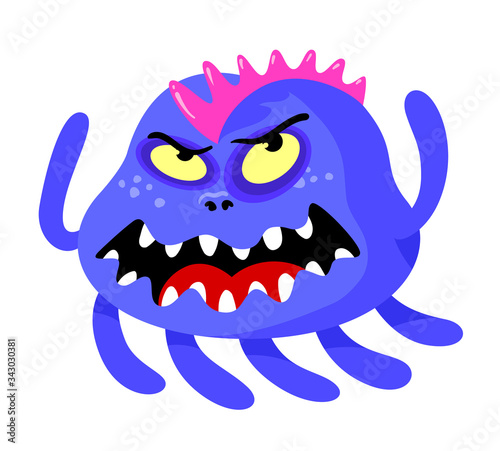 Angry Monster with Roaring Face, Sharp Teeth and Many Feet. Worm, Germ, Alien or Bacteria with Blue Body with Pink Crest Isolated on White Background. Cartoon Vector Illustration, Icon, Clip Art