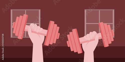 During confinement at home, find free time to exercise by lifting dumbbells to strengthen muscles.
Illustration about lift dumbbells.
