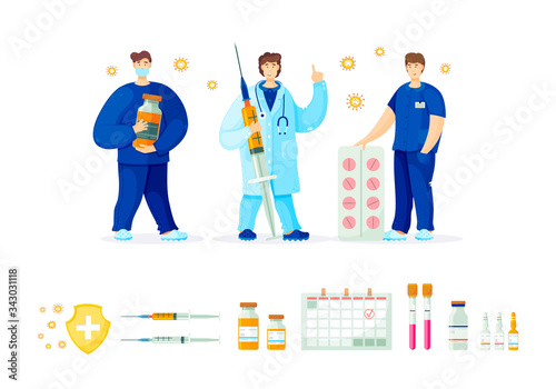Vector illustration with a doctor for vaccination and prevention of virus infection
