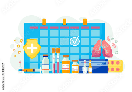 Vector medical illustration concept with syringe, vaccination calendar, vaccines, medicines