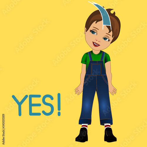 emoticon with smiling boy that is saying yes and nodding, simple colored emoji, vector in color, funny cartoon character from a set
