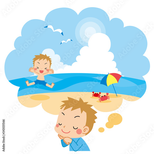 夏休みの旅行で海水浴へ行くのを楽しみにしている男の子