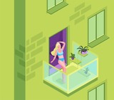 Blonde woman in bikini sunbathing on the roof of residential building during quarantine time, girl getting a suntan at the balcony of apartment house, stay home concept, 3d isometric illustration