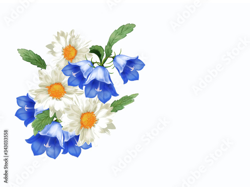Creative composition with a bouquet of flowers. In a bouquet of daisies and garden bells. Illustration on a white background.