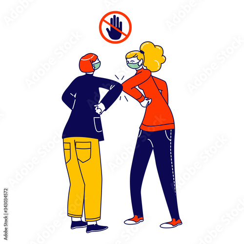 Characters Greeting Each Other with Elbows Instead of Handshake. Friends or Colleagues Alternative Non-contact Greet During Covid19. Health Safety, Social Distancing. Linear People Vector Illustration
