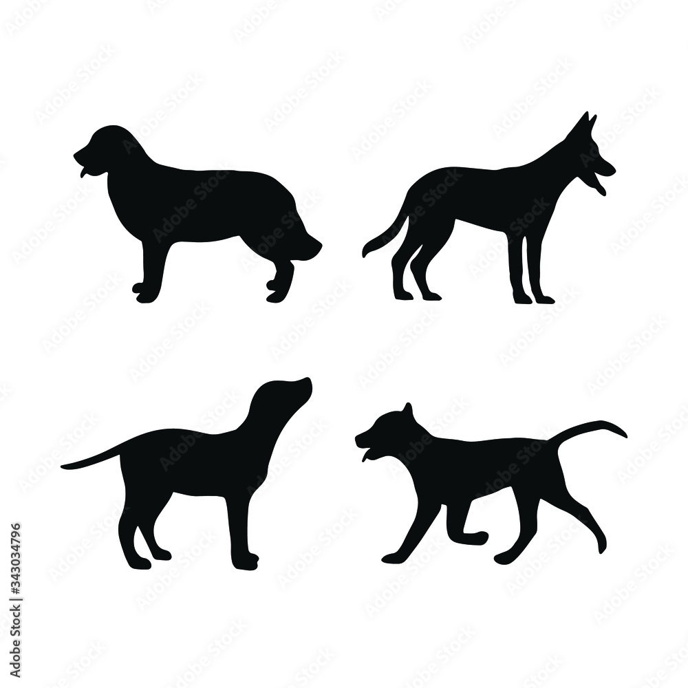 Black silhouettes of dogs on a white background. Set of vector illustrations. Perfect for logo elements