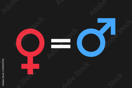 Gender and sexual equality - male and female sex symbol are equal - sign of equation between symbols. Neutrality between man and woman, girl and boy. Vector illustration isolated on white.