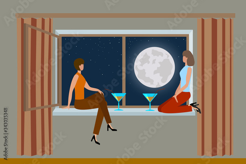 Girls moon and a cocktail.Two girls are sitting at the window looking at the moon and drinking a cocktail.Flat vector illustration.