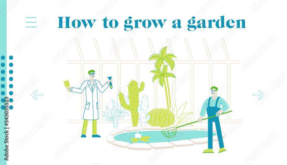 Agriculture, Farming Industry, Botany Science Landing Page Template. Botanist with Test Tube and Gardener Character with Net Learn Exotic Rare Plants in Greenhouse. Linear People Vector Illustration Agriculture, Farming Industry, Botany Science Landing Page Template. Botanist with Test Tube and Gardener Character with Net Learn Exotic Rare Plants in Greenhouse. Linear People Vector Illustration