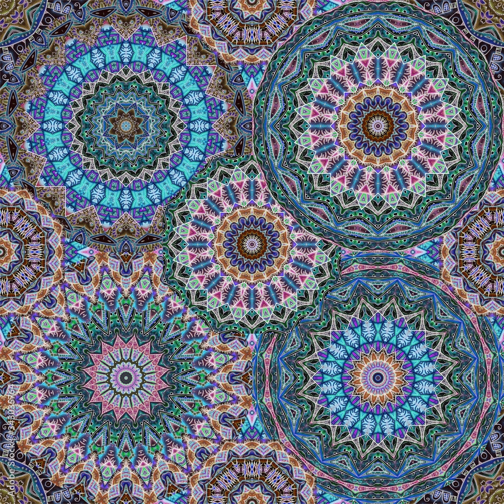 Seamless pattern with beautiful mandalas in emerald, sapphire, crimson and brown colors. Print for fabric, bedding, curtain. Seamless pattern with beautiful mandalas in emerald, sapphire, crimson and brown colors. Print for fabric, bedding, curtain.