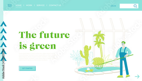 Gardener Worker Landing Page Template. or Botanist Scientist Character Catch Floating Lotus Flowers with Butterfly Net at Pond in Greenhouse with Exotic Plants Species. Linear Vector Illustration