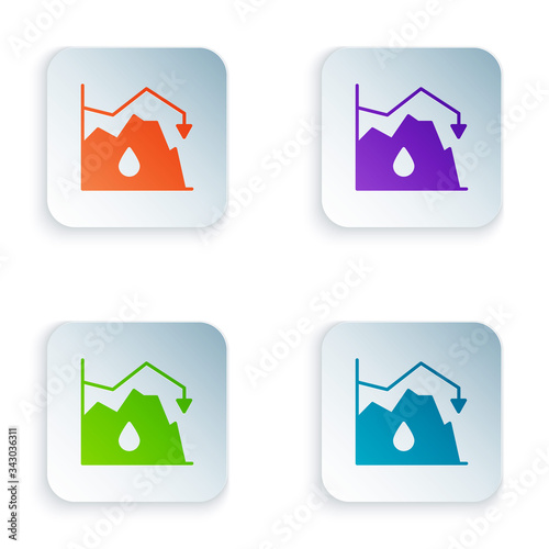 Color Drop in crude oil price icon isolated on white background. Oil industry crisis concept. Set colorful icons in square buttons. Vector Illustration