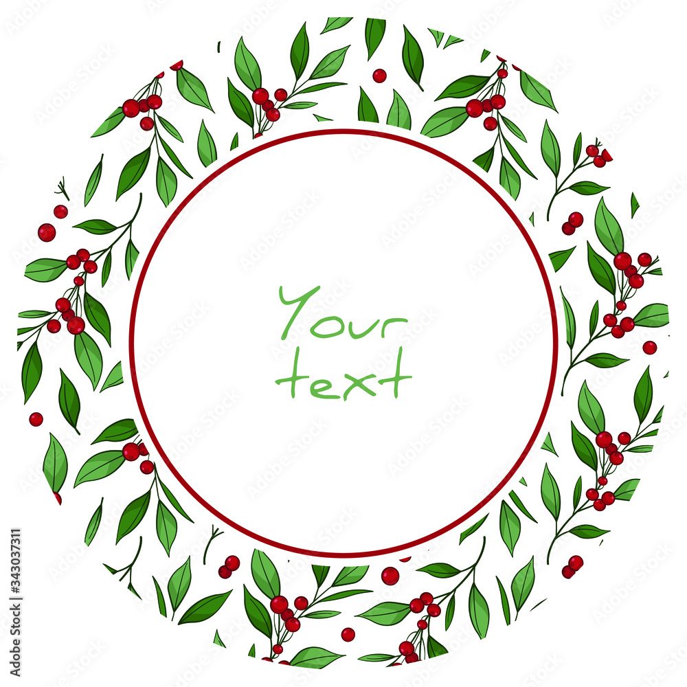 Round frame with cranberry twigs and greenery; berry frame for greeting cards, invitations, posters, banners, web design.