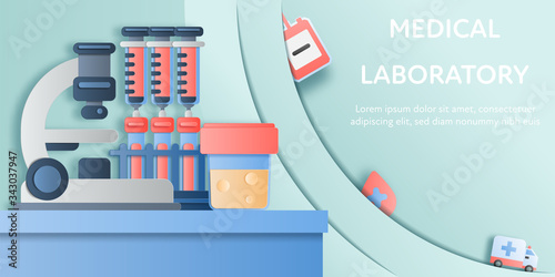 Paper layer art style of microscope, blood sample in test tube, syringe and needle and urine specimen in container on laboratory table. Concept health science vector illustration.