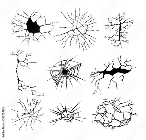 Set of Cracks Isolated on White Background. Break and Destroy Elements on Wall, Glass, Mirror or Ground Surface. Earthquake, Bullet Hole, Monochrome Grunge Texture for Design. Vector Illustration