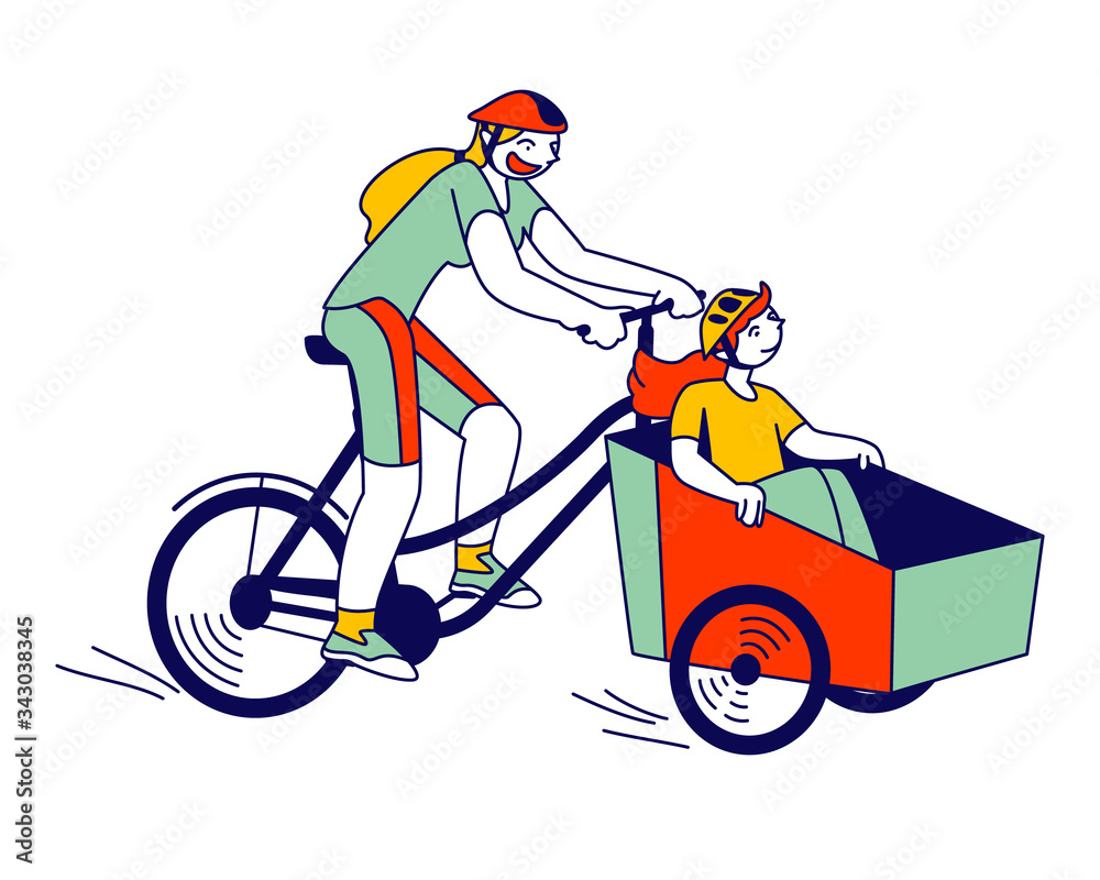 Φωτογραφία Young Woman with Child Characters Riding Bike with Trailer in City Park
