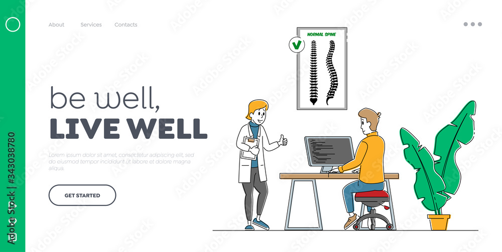 Scoliosis and Spine Deformation Landing Page Template. Man Sitting at Desk in Correct Posture Doctor Character Show Thumb Up at Human Skeleton Backbone Curvature. Linear People Vector Illustration Scoliosis and Spine Deformation Landing Page Template. Man Sitting at Desk in Correct Posture Doctor Character Show Thumb Up at Human Skeleton Backbone Curvature. Linear People Vector Illustration