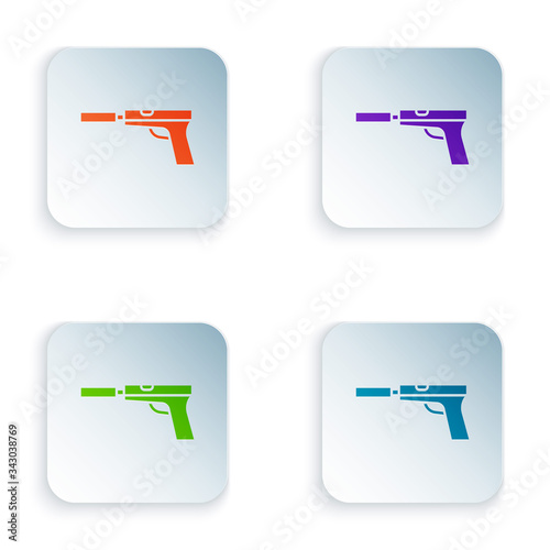 Color Pistol or gun with silencer icon isolated on white background. Set colorful icons in square buttons. Vector Illustration