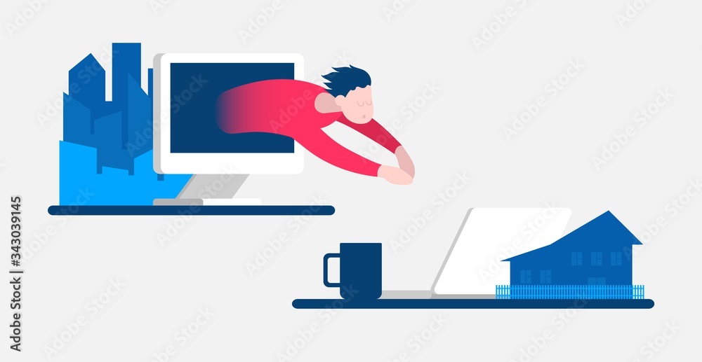 Two different workplace freelancer developer with a monitor, laptop and cup. Two different workplace freelancer developer with a monitor, laptop and cup.