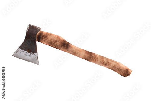 old shabby wooden axe on a white background photo