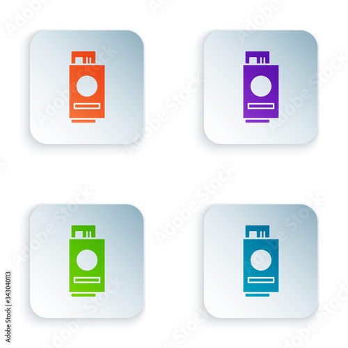 Color Passport with ticket icon isolated on white background. Identification Document. Concept travel and tourism. Set colorful icons in square buttons. Vector Illustration