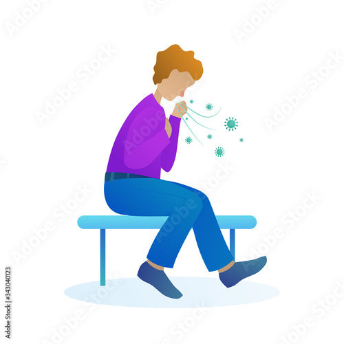 Sick man with cough isolated character. Coronavirus or influenza symptoms, diagnosis and treatment concept. Young man coughing over his hand while sitting at bench vector illustration in cartoon style