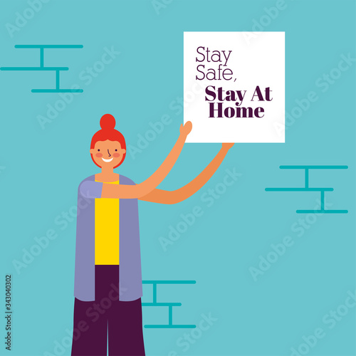 woman using face mask for covid19 with stay at home banner