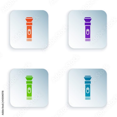 Color Flashlight icon isolated on white background. Set colorful icons in square buttons. Vector Illustration