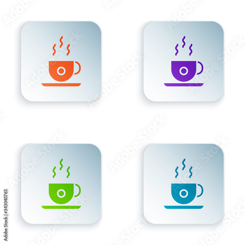 Color Coffee cup icon isolated on white background. Tea cup. Hot drink coffee. Set colorful icons in square buttons. Vector Illustration