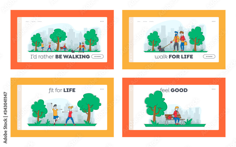 Fototapeta premium Characters Spend Time in Park Landing Page Template Set. People Walking with Pets, City Dwellers Outdoors Activity, Eating Ice Cream, Exercising. Summertime Outdoor Sport. Linear Vector Illustration