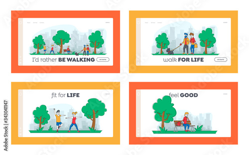 Characters Spend Time in Park Landing Page Template Set. People Walking with Pets, City Dwellers Outdoors Activity, Eating Ice Cream, Exercising. Summertime Outdoor Sport. Linear Vector Illustration