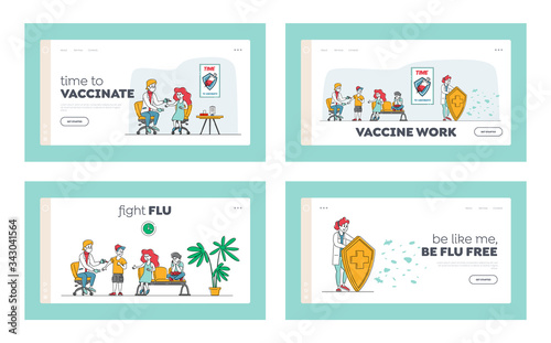 Vaccination Healthcare Landing Page Template Set. Doctor Character Put Vaccine Injection to Kid. Children Get Medicine Shot from Disease, Illness Prevention, People Checkup. Linear Vector Illustration