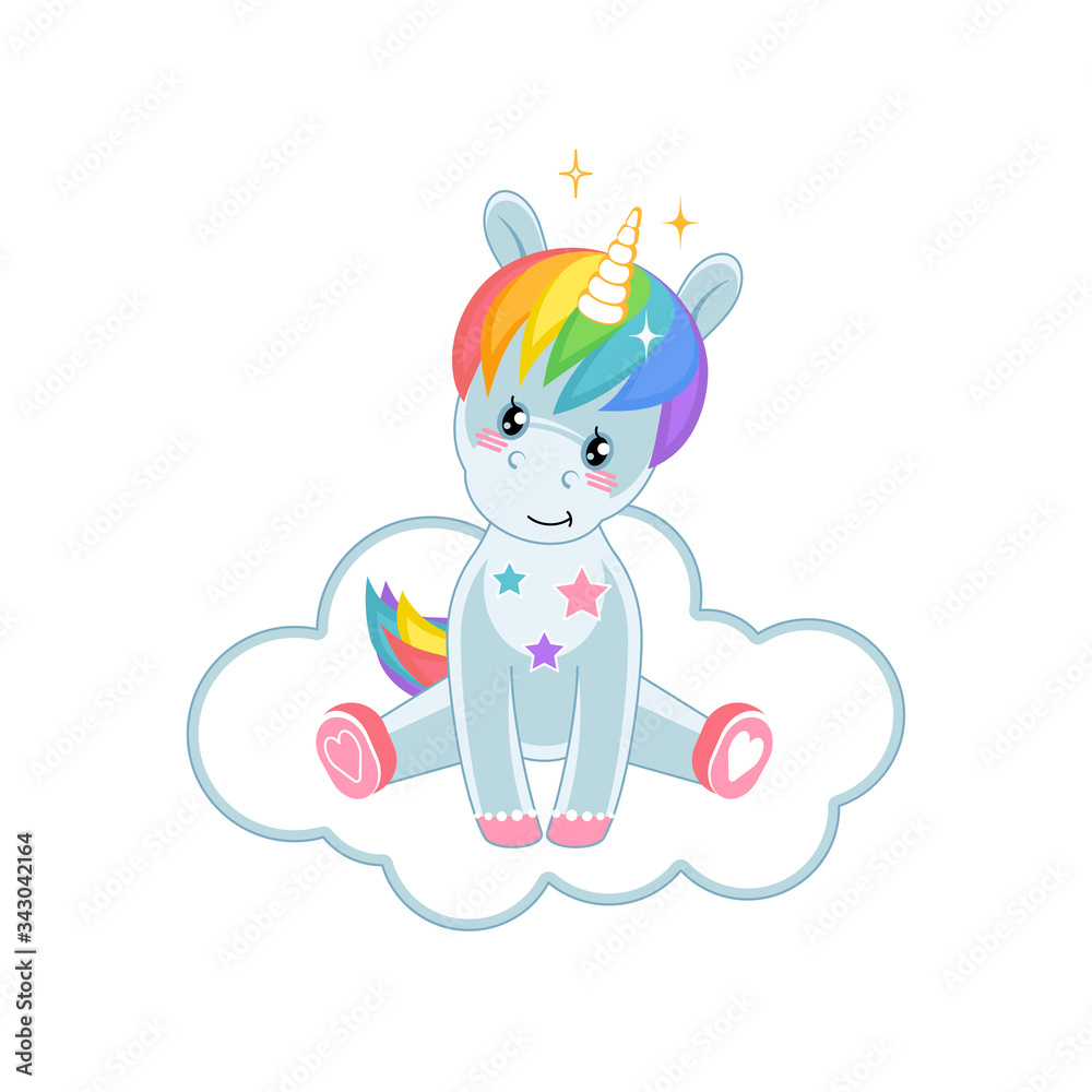 Magic little Unicorn is sitting on the cloud. Cute cartoon character. Vector illustration.
Magic little Unicorn is sitting on the cloud. Cute cartoon character. Vector illustration.
