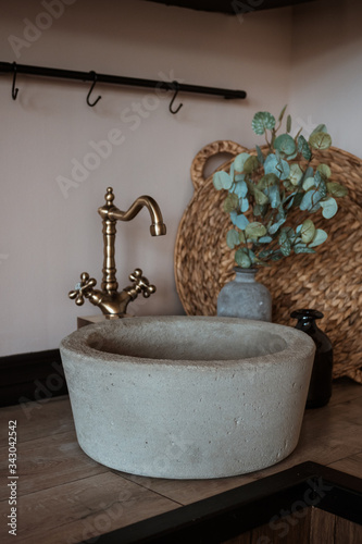 Retro washbasin. Bathroom interior. Kitchen interior.