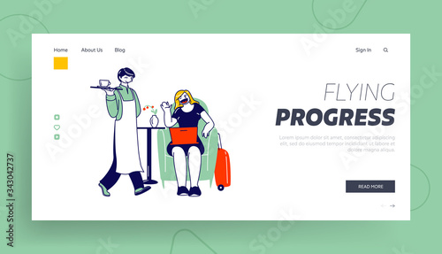Female Character Sitting in Business Lounge in Airport Waiting Airplane Boarding Landing Page Template. Woman Sit in Armchair while Relaxing after Plane Flight. Linear People Vector Illustration