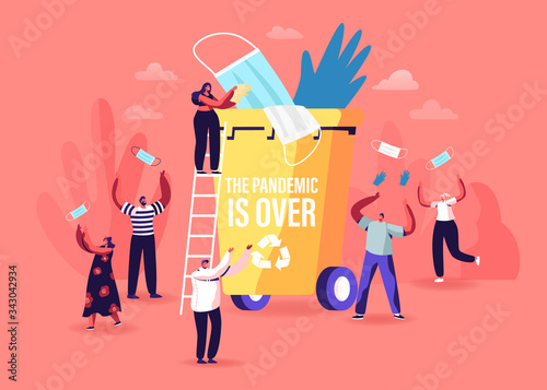 End Quarantine, Pandemic of Coronavirus Covid-19 Lockdown and Stay Home Time Concept. Joyful and Happiness Feeling Emotions, Joy for People Characters Throw Out Masks. Cartoon Vector Illustration
